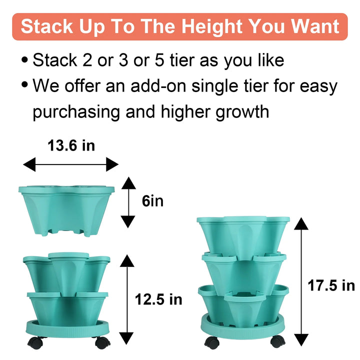 Stackable Planters 3 Tier Vertical Planters Strawberry, Herb, Flower, and Vegetable Planter Indoor Outdoor Pots with Wheels and Tools,Teal