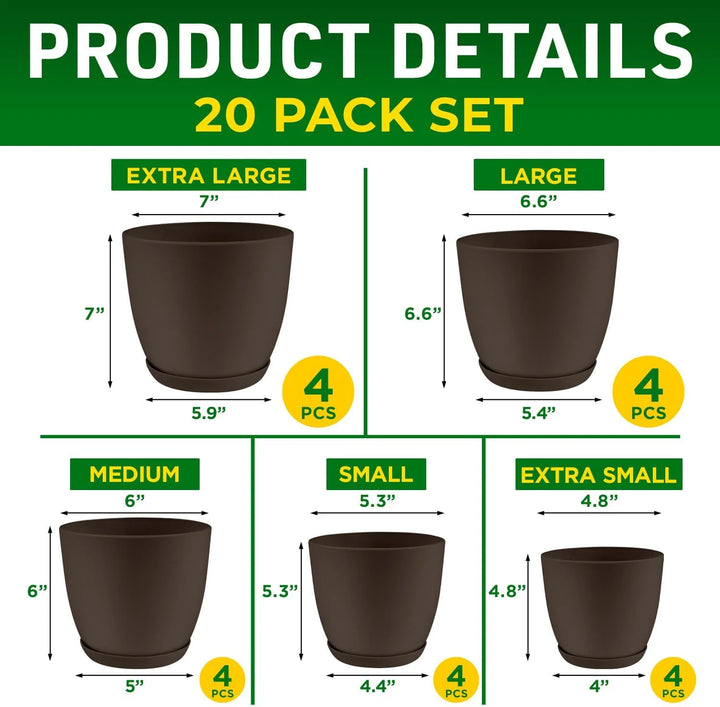 20-Piece Brown Planter Pots with Drainage - Lightweight, Durable, Space-Saving Design for Indoor/Outdoor Use