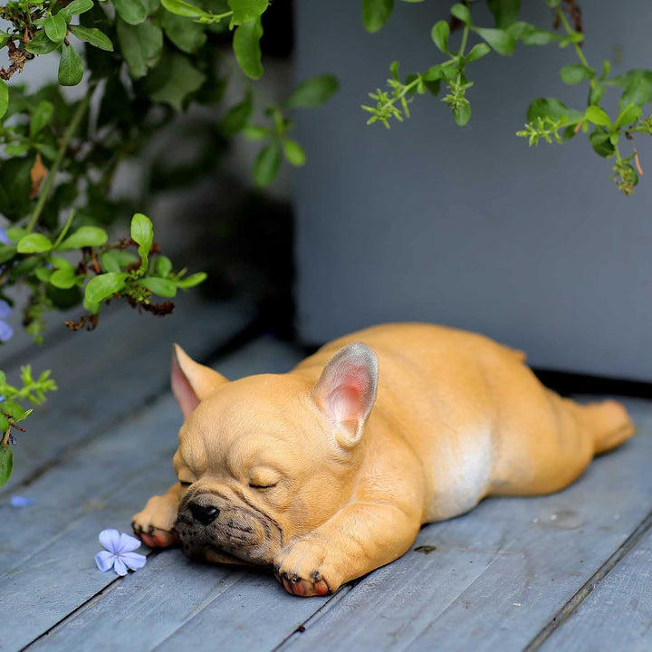 Outdoor Patio Garden Sculpture-Statue Decor - Cute French Bulldog Puppy Statue Pet Memorial Figurine Gift, Lying Sleeping Frenchie for Indoor Outdoor Porch Yard Lawn Decoration (9.6” Sleeping B)