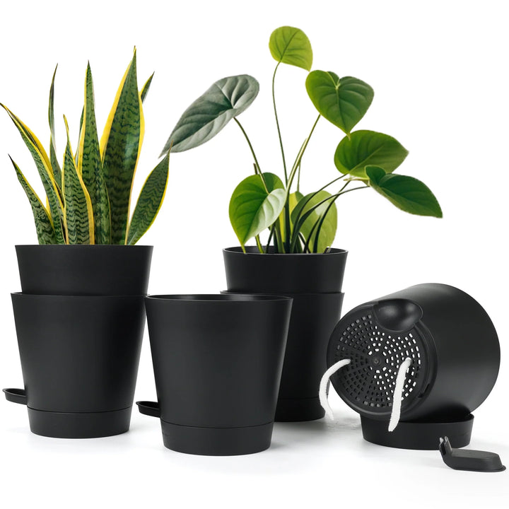 8 Inch Self Watering Plant Pots Set of 6, Plastic Planters with Drainage Holes and Saucers, Flower Pots for Indoor Outdoor Garden Plants, Black