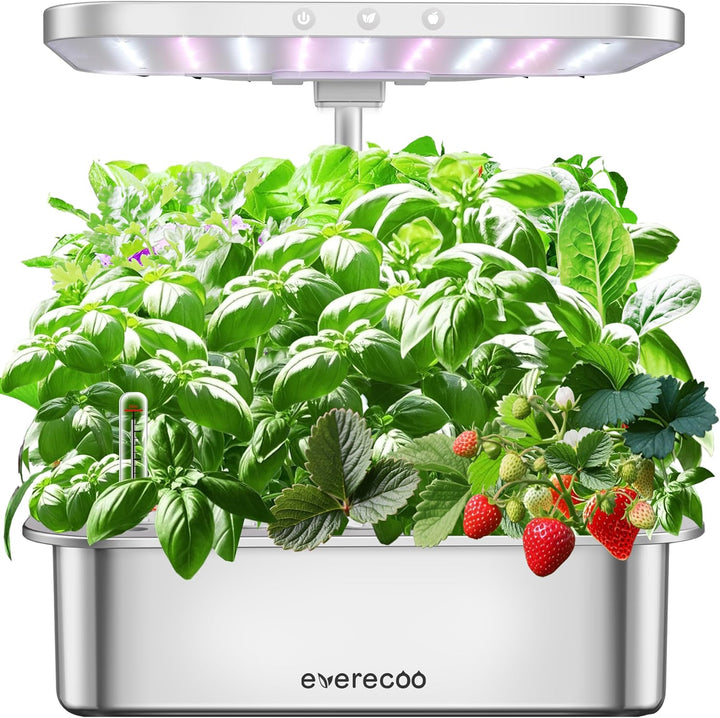 Stainless Steel Hydroponics Growing System Kit Indoor Garden: Smart Indoor Herb Garden with Grow Light,15 Pods Plant Germination Kit,6L Water Tank with Quiet Pump,For Vegetables, Herbs and Flowers