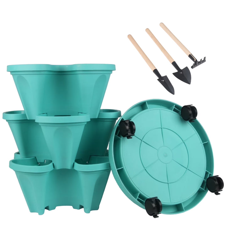 Stackable Planters 3 Tier Vertical Planters Strawberry, Herb, Flower, and Vegetable Planter Indoor Outdoor Pots with Wheels and Tools,Teal