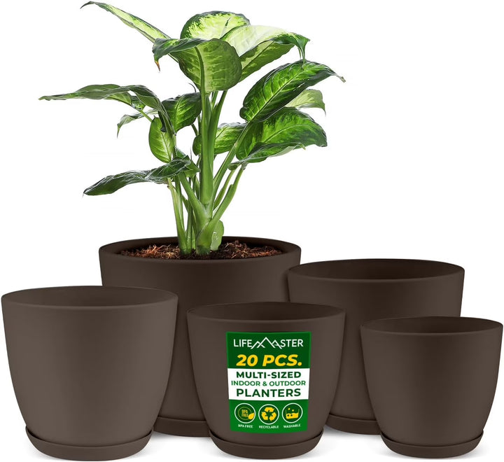 20-Piece Brown Planter Pots with Drainage - Lightweight, Durable, Space-Saving Design for Indoor/Outdoor Use