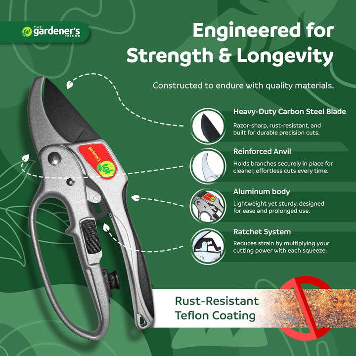 Ratchet Pruning Shears Gardening Tool – Anvil Pruner with Assisted Action – Ratc