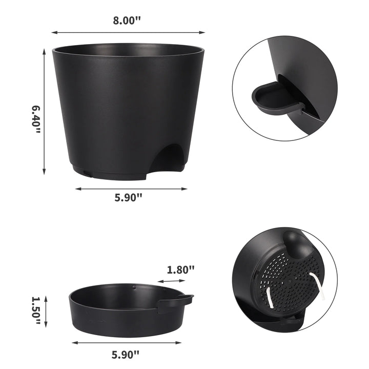 8 Inch Self Watering Plant Pots Set of 6, Plastic Planters with Drainage Holes and Saucers, Flower Pots for Indoor Outdoor Garden Plants, Black