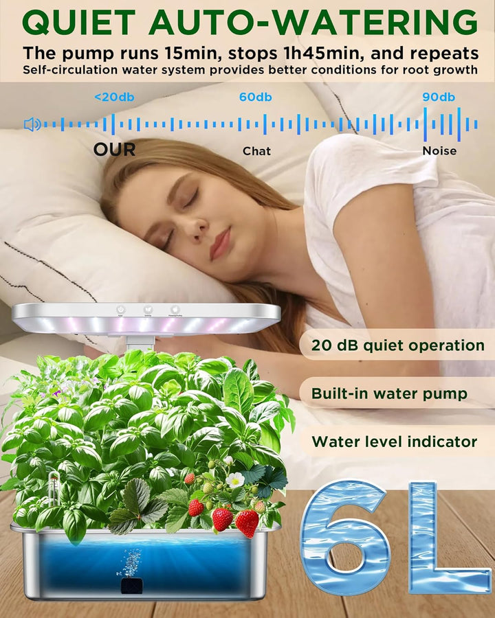 Stainless Steel Hydroponics Growing System Kit Indoor Garden: Smart Indoor Herb Garden with Grow Light,15 Pods Plant Germination Kit,6L Water Tank with Quiet Pump,For Vegetables, Herbs and Flowers
